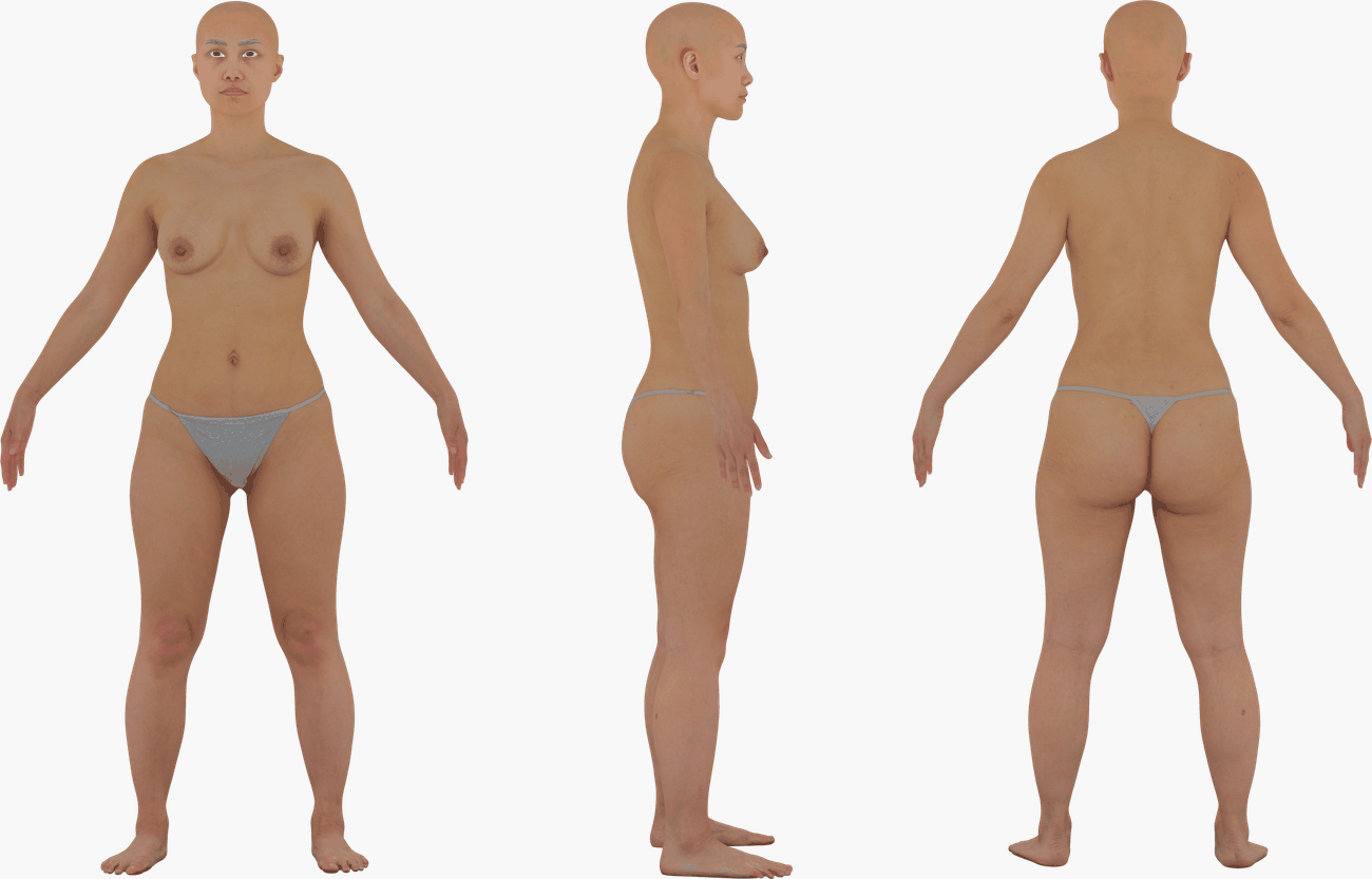 PBR texture map set for a female 3D body scan including Albedo, Normal, Specular, and Metalness maps